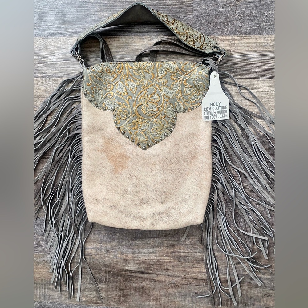 Holy Cow Couture cowhide copper grey leather design  backpack